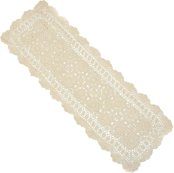 kilofly Handmade Crochet Lace Rectangular Table Runner 15 x 36 Inch, Beige