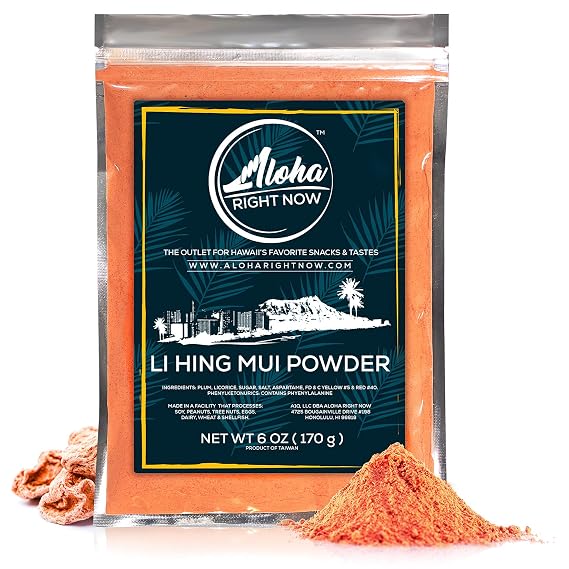 Aloha Right Now Authentic Li Hing Mui Powder 6 oz - for flavoring fruits, candy, cocktail drinks - Sweet, Sour & Salted Dried Plum Powder - Asian Hawaiian Snacks - Hawaii's Crack Seed & Powder Candy