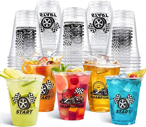 Novelty Place 50Pcs Racing Theme Plastic Cups - 12 oz Checkered Flag Disposable Party Cups Race Car Party Supplies, Black White Checkered Drinking Cups for Kids Birthday, Racing Decorations and Events