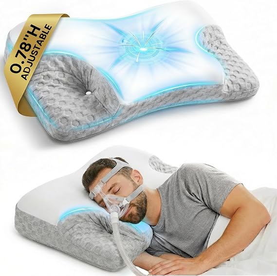 CPAP Pillow for Side, Back & Stomach Sleepers, Adjustable Cervical Memory Foam Neck Pillow with Cooling Cover & Mask Cutouts, Ergonomic CPAP Bed Pillow to Reduce Air Leaks & Mask Pressure