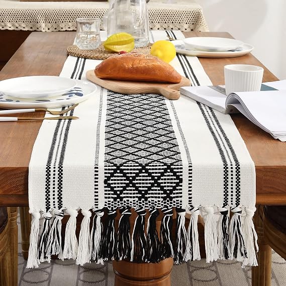 Wracra Boho Woven Table Runner 14 x 108 inches Black and White Rustic Table Runners Modern Farmhouse Style Vintage Rustic Table Runner with Tassels for Dresser Home Dining Table Decor(Black, 108")
