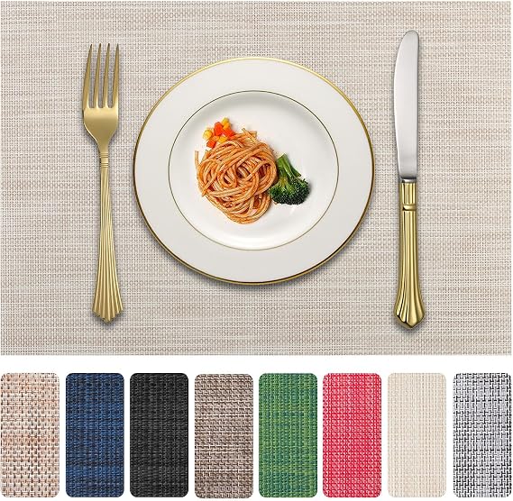 Vinyl Placemats Set of 6, PVC Woven Washable Non-Slip Table Mats, Heat Resistant Wrinkle Free Place Mats for Dining Table, Easy to Clean (6, Beige)