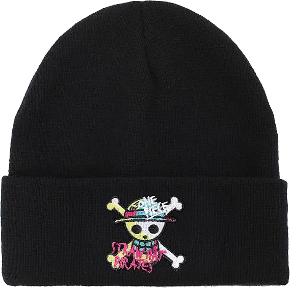 One Piece (Live Action) Jolly Roger Pirate Cuff Embroidery On Ribbed Black Acrylic Knit Cuff Beanie