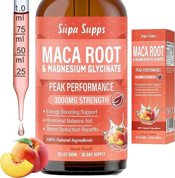 Maca Root & Magnesium Glycinate Liquid Drops 60ml Energy & Focus Peach