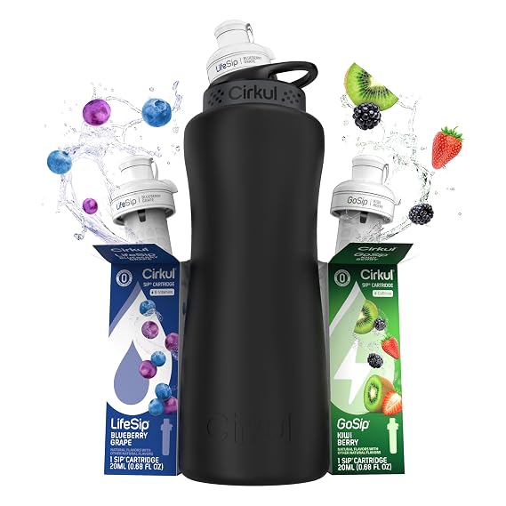 Cirkul 32oz Black Metal Bottle with Two No Sugar, 0 Cal Flavored Water Sips