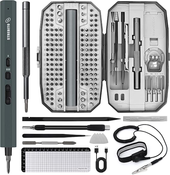 STREBITO Mini 155 in 1 Electric Precision Screwdriver Set Grey And Anti Static Wrist Strap