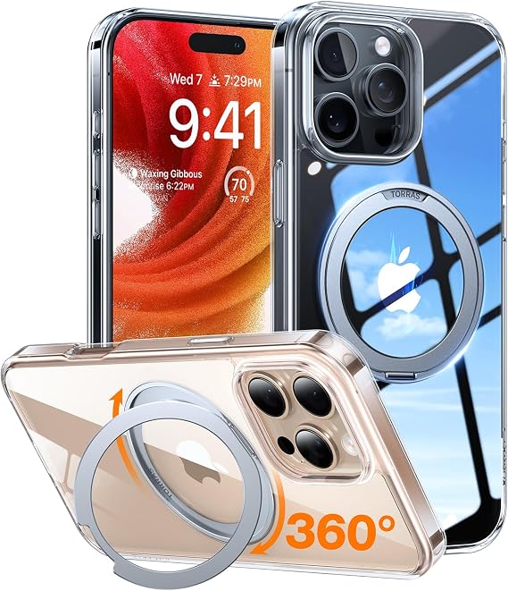 TORRAS Upgraded 360 Rotatable Magnetic Ring for iPhone 16 Pro Max Case, Fit for MagSafe with Stand Ring Holder, 16FT Mil- Grade Shockproof Translucent for iPhone 16 Pro Max Phone Case Ostand, Clear | Fit for MagSafe, Stand Ring Holder, 16FT Mil- Grade Shockproof Translucent for iPhone 16 Pro Max Phone Case, Clear