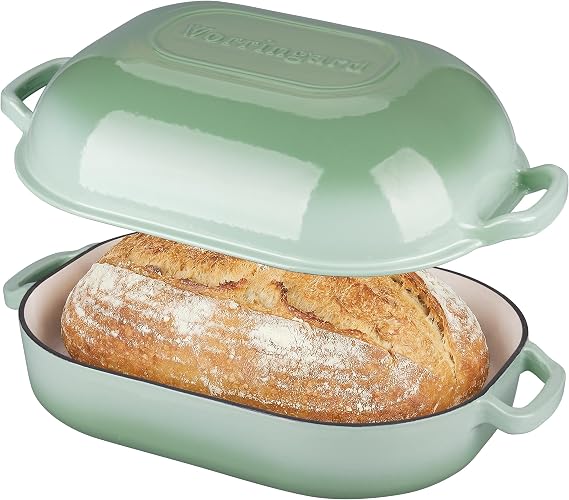 VORRINGARD Large Cast Iron Dutch Oven Dome Pot with Lid, Enameled Bread Oven, Bread Pan for Homemade Sourdough Bread Baking, 9QT, Green