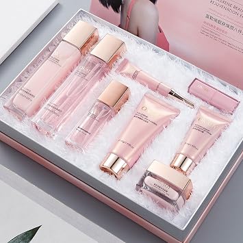 8-in-1 Skincare & Makeup Gift Set with Antioxidant Complex Cleanser, Toner, Lotion, Serum, Eye Cream, BB Cream & Velvet Lip Color Hydrating Routine for All Skin Types, Daily Glow Essentials