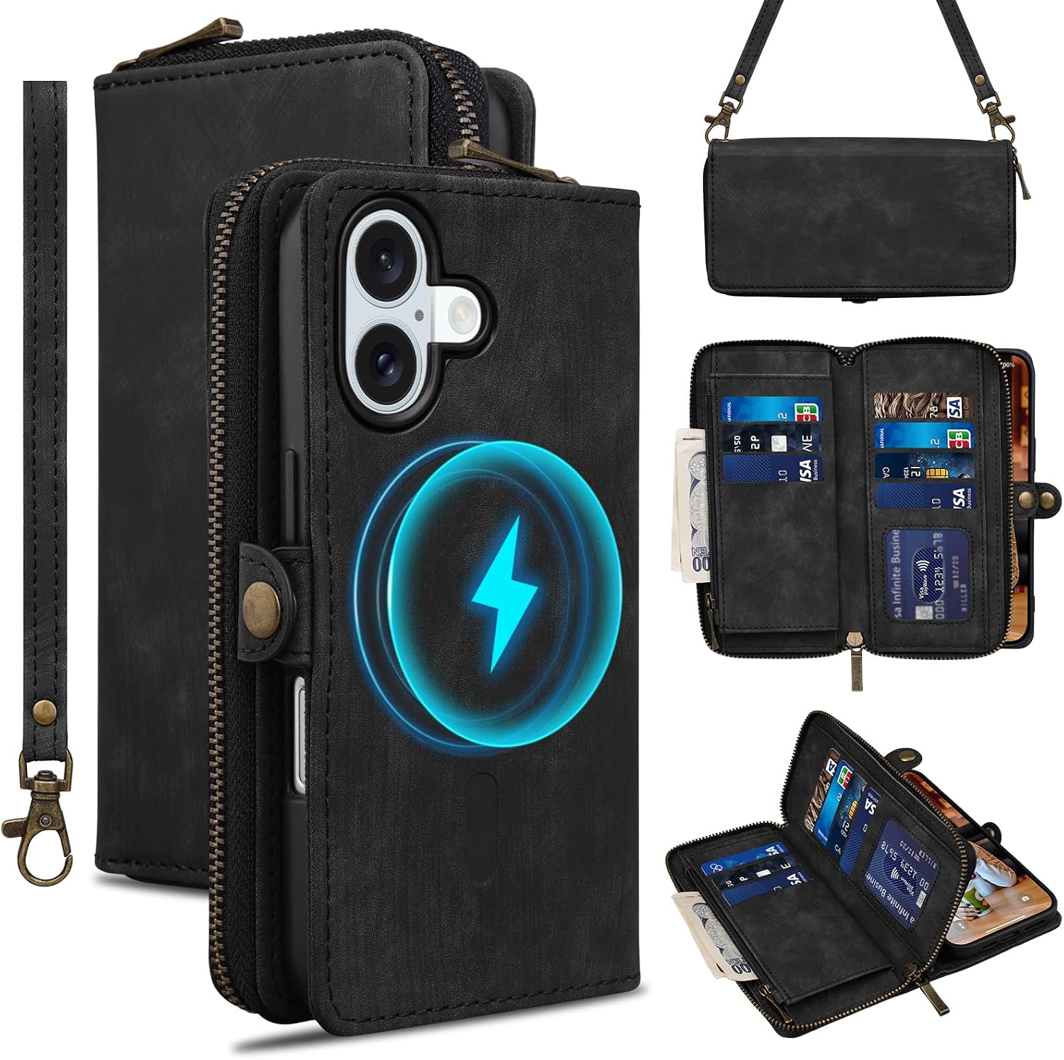 Rssviss Wallet Case for iPhone 16 Crossbody with Card Holder Wrist Strap, Flip Zipper Case Compatible with Magsafe, RFID Blocking Purse Cover for iPhone 16 Women Men 6.1 inch Black
