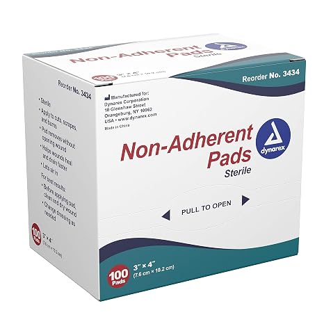Dynarex Non-Adherent Pads-Sterile, Individually Packaged, Non-Stick Wound and Burn Care, Soft & Highly Absorbent, 3 x 4, 1 Box of 100 Non-Adherent Pads-Sterile