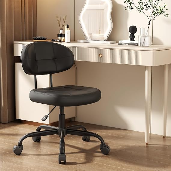Misolant Vanity Chair with back, Small Armless Cute office Chair with wheels and Lumbar support, Comfy PU Leather Desk Computer Chairs with Adjustable Height, 360Swivel for Home Bedroom Office, Black