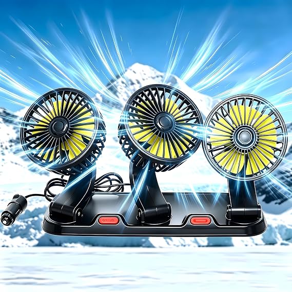 Portable 3-Head Car Cooling Fan, 12V Cigarette Lighter Plug Dashboard Fan for Vehicles Cars Trucks SUV, 360 Adjustable Heads Strong Airflow (No Battery)