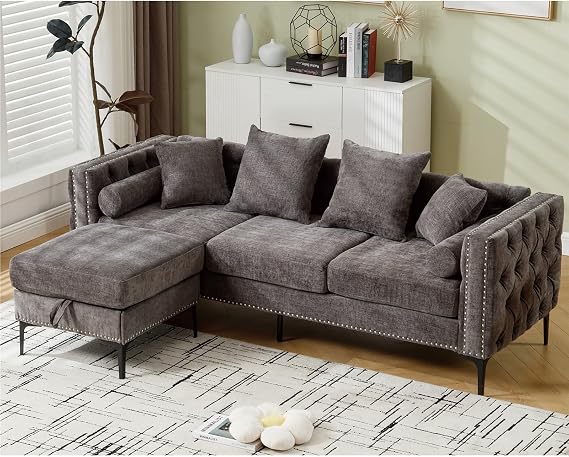 85" Modern L Shaped Upholstered Sectional Couch Sofa with Storage Ottoman,Deep Seat Sectional Sofa Sets Square Arm 3 Seater and Nailhead Metal Legs(Gray)