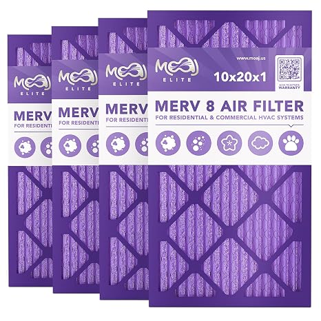 10x20x1 Air Filter (4-PACK) | MERV 8 | MOAJ Elite Dust Defense | BASED IN USA | Quality Pleated Replacement Air Filters for AC & Furnace Applications | Actual Dimensions: 9.70 x 19.70 x 0.75