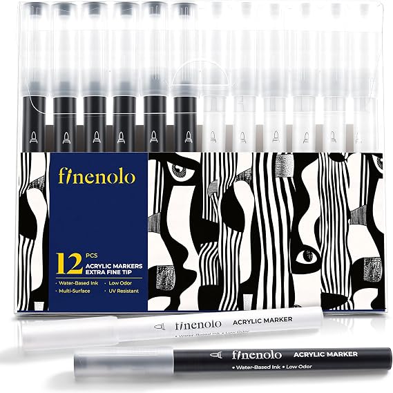 finenolo 12 Pack Black & White Acrylic Paint Pens, 0.7mm Fine Tip Markers