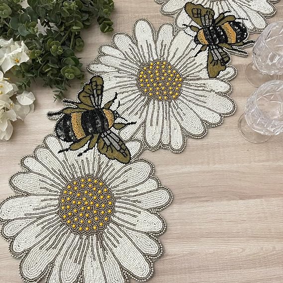 Enliven Handmade Beaded Table Runner 13x36 Inch, Bee Floral Table Decor, Hand Beaded Glass Bead Runner for Dining Table, Coffee Table, Spring Summer Farmhouse Home Decor & Housewarming Gift