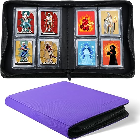 WITHYU Top Loader Binder for 3"x4" Toploaders - Holds 128 Cards with 4 Pocket Side-Loading Pages, Zippered Album for Trading & Sports Cards (Purple)
