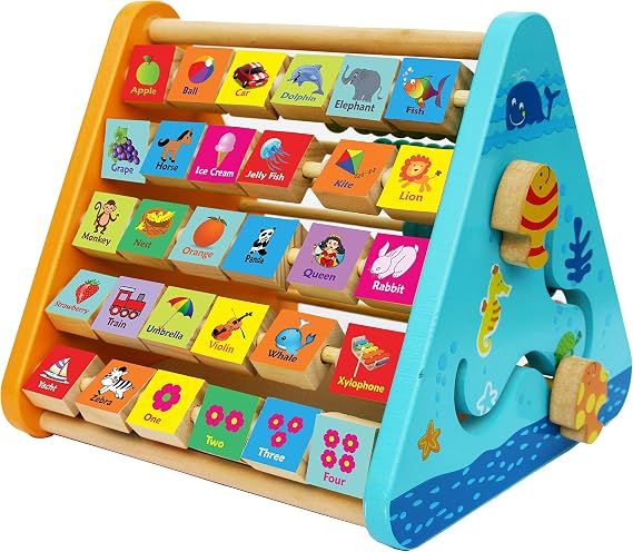 TOWO Wooden Activity Center Toy, ABC Blocks Abacus Clock for Toddlers | 5-in-1 triangle learning toy with alphabet flip blocks, abacus and clock; Montessori play for babies and toddlers age 1+