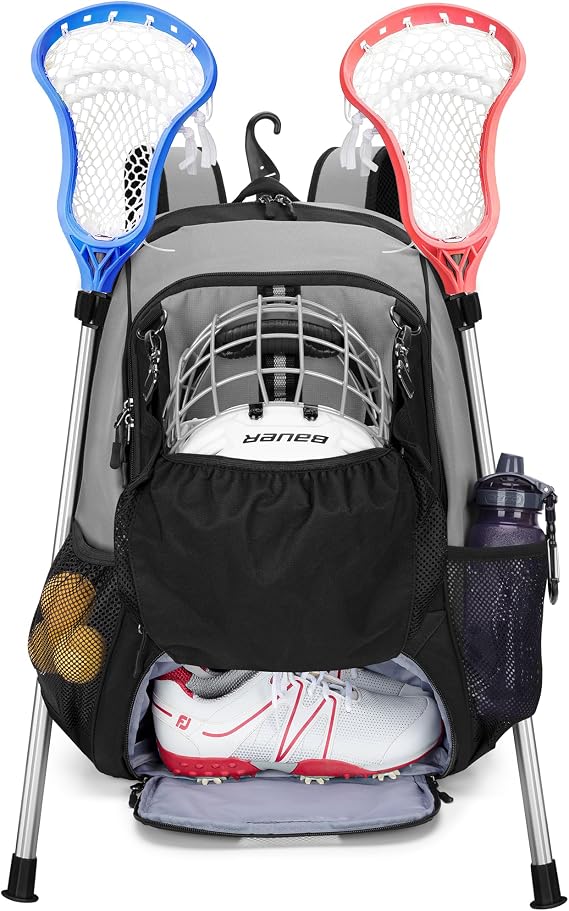 Goburos Lacrosse Equipment Backpack with Stick Holder & Hidden Zipper Net, Separate Ventilated Shoe Space, Holds All Lacrosse or Field Hockey Gears, Up to US Mens 13