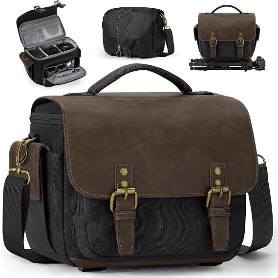 RAINSMORE Camera Bag, Vintage Canvas Camera Sling Bag Crossbody Camera Case