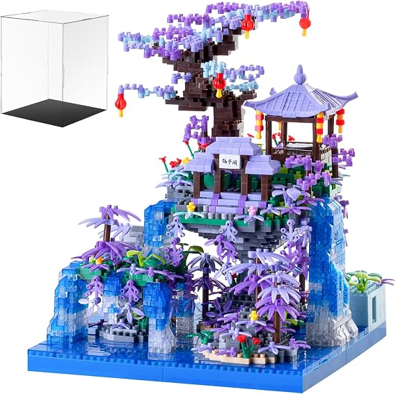 Cherry Blossom Tree House Micro Mini Building Block Sets with Acrylic Display Box, Japanese Architecture Peach Blossom Pond Micro Bricks Building Kit with Light for Adults (2500+ Pieces)