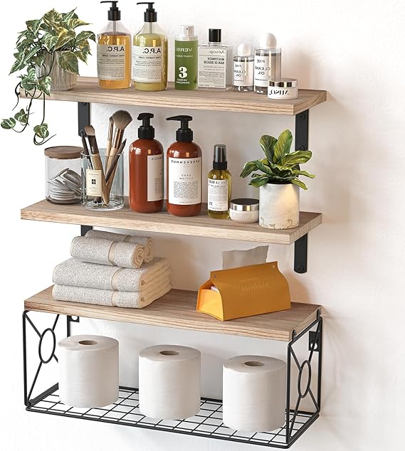 Amada Bathroom Shelves Over Toilet with Storage Basket, Floating Wall Shelf for Home Organization & Wall Decor, Bathroom/Kitchen/Living Room ShelvesNatural Wood