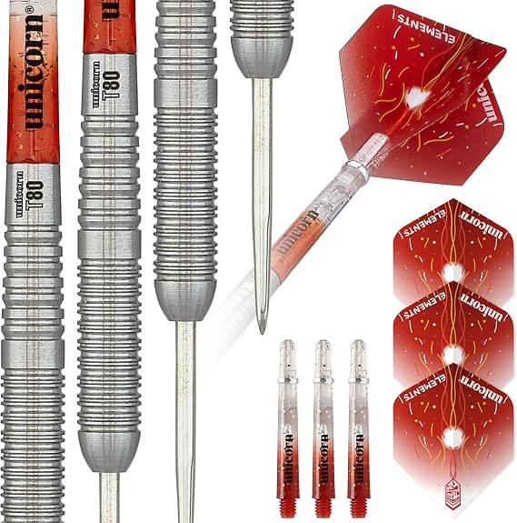 Unicorn Steel Tip Darts Set, Core Striker Series, 80 Percent Natural Tungsten Barrels, 20g, 21g, 22g, 23g, 24g or 25g