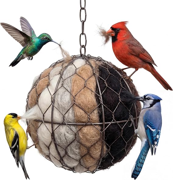Handmade Alpaca Fiber Bird Nesting Heart - Refillable Material Holder for Wild Birds and Hummingbirds - Garden Art & Winter Shelter for Bird Lovers
