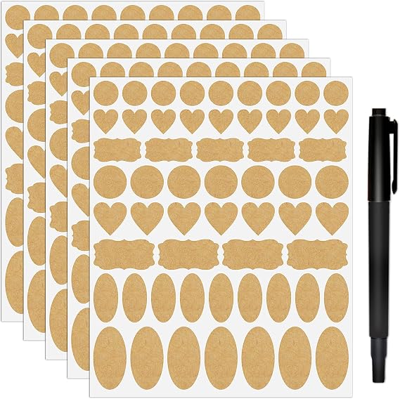 Natural Brown Kraft Paper Label Stickers,Removable Assorted Size and Shapes Kraft Labels for Essential Oil Bottles,Mason Jars,Storage Containers or Gift Decoration,Free Black Marker,285pcs