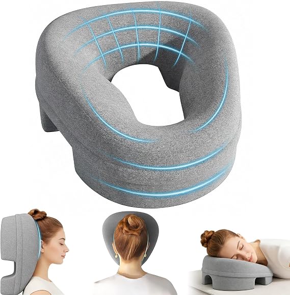 Face Down Pillow, Ergonomic Massage Headrest for Bed & Massage Table, Memory Foam Face Down Pillow with Dual Exhaust Holes and Removable Cover, Face Cradle Prone Cushion for Spa, Naps, Salons, Grey