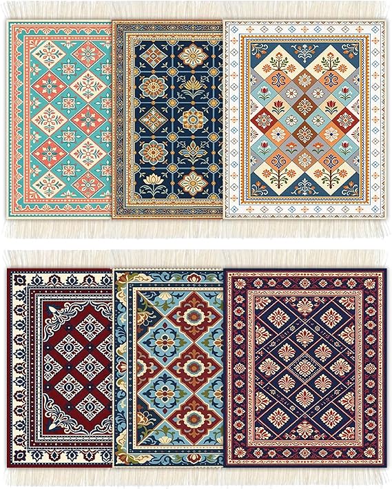 ANATTASOUL Turkish Rug Carpet Coasters Set of 6 for Kitchen Office Home | Absorbent Turkish Rug Coasters 3.54"x5.11" Non-Slip Rectangular Carpet Drink Mats with Fringe for Housewarming Gifts