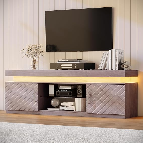 BORNOON TV Stand for 65 Inch TV, 59" TV Stands for Living Room with Power Outlet & RGB LED Lights, Modern Entertainment Center, TV Console with Storage Cabinets, Adjustable Shelf (Grey)
