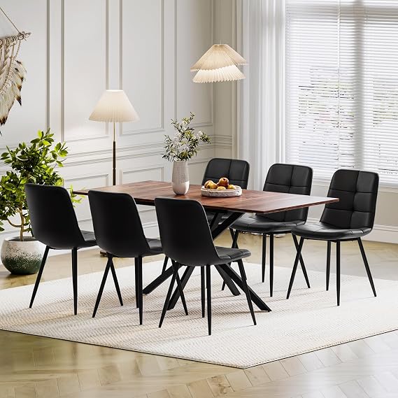 Extendable Dining Table and Chairs Set 6, 120-160cm Wood Grain Table with 6 Black Upholstered PU Leather Chairs for Dining Room, Kitchen