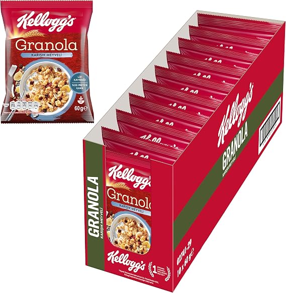 Kellogg's Granola Mixed Fruit 60g x10 Pieces contains 45% Oats, Fiber Source, Contains Antioxidants, 20% Dried Fruit, Grapes, Coconut Chips, Banana Chips, Crane Nut, Crispy Apple, Crispy for Breakfast