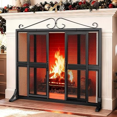 Fireplace Screen with Sliding Doors, 37.8 L x 30.7 W Hand-Forged Iron Fire Place Screens Stand Alone Heavy Duty, Decorative Fireplace Door Gate Cover Guard for Living Room Children and Pet Proofing