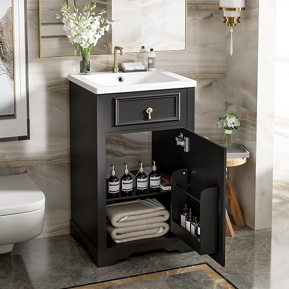 20" Bathroom Vanity with Sink, Harper & Bright Designs Free Standing Single Basin Vanity Set with Soft Close Door & Adjustable Shelf, Solid Wood Bathroom Cabinet with Ceramic Basin for Bathroom, Black