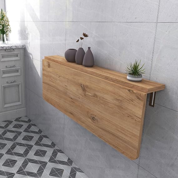 60x110 cm Oval Corner Fixed Shelf Wall Mounted Crushing Folding Dining and Kitchen Table (Pine Wood Pattern)