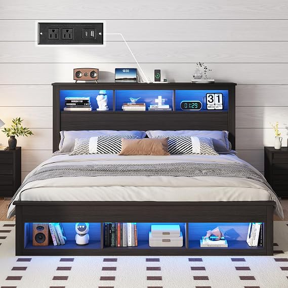 LUXOAK King Size Bed Frame with Storage Headboard and Footboard, Black