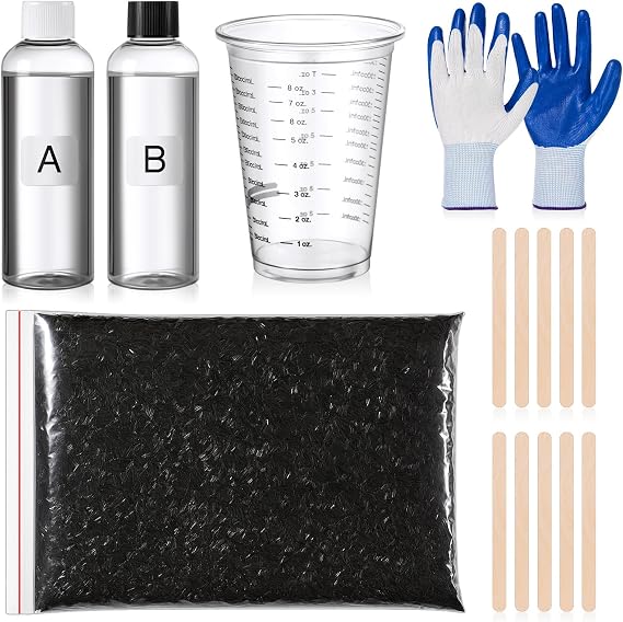 Chunful 15 Pcs Carbon Fiber Repair Kit with 1lb Chopped Fibers & 2-Part Epoxy(a&b) Cup, Rod, Gloves, Create High-Strength, Forged Carbon Look for Auto Parts, DIY Projects, Motorcycle, Boat Repairs