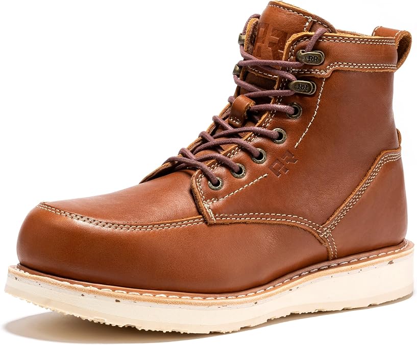 ROCKROOSTER Edgewood Moc Toe Work Boots for Men, 6" Steel Toe Wedge Non-Slip Rubber Outsole Safety Boot, Brown Leather Roofer Asphalt Boots, Comfort, Anti-Fatigue, ASTM F2413-18 EH, SAP610