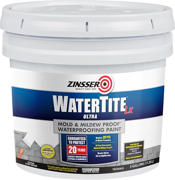 Zinsser WaterTite LX Ultra White Waterproofing Paint | Basement Waterproofing Coating, Mold & Mildew Resistant Finish, Interior Masonry Protection, 1 Gallon