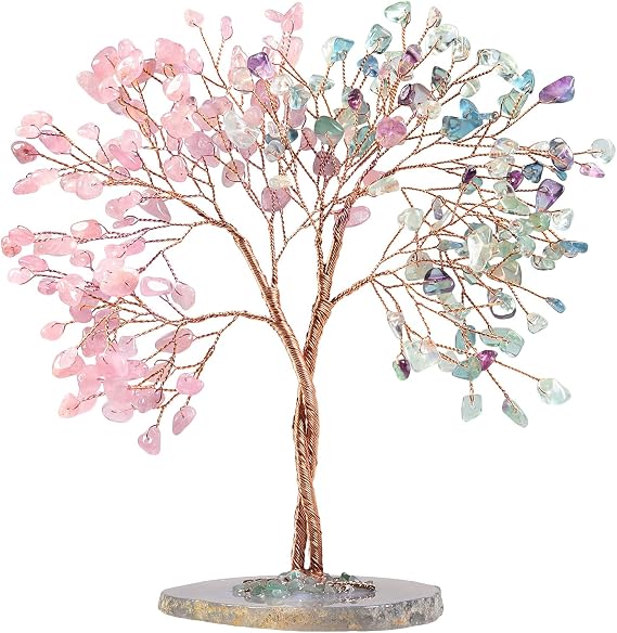 Nupuyai Crystal Tree Feng Shui Gemstone Tree Lucky Tree Money Tree Gift Wedding Decoration Living Room Bedroom (Rose Quartz & Fluorite Agate Disc Base)
