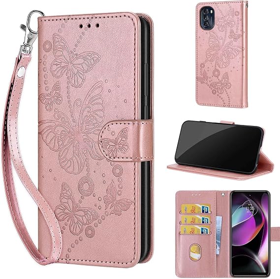 Wallet Case for Motorola Moto G 5G 2022, Rose Gold Butterfly