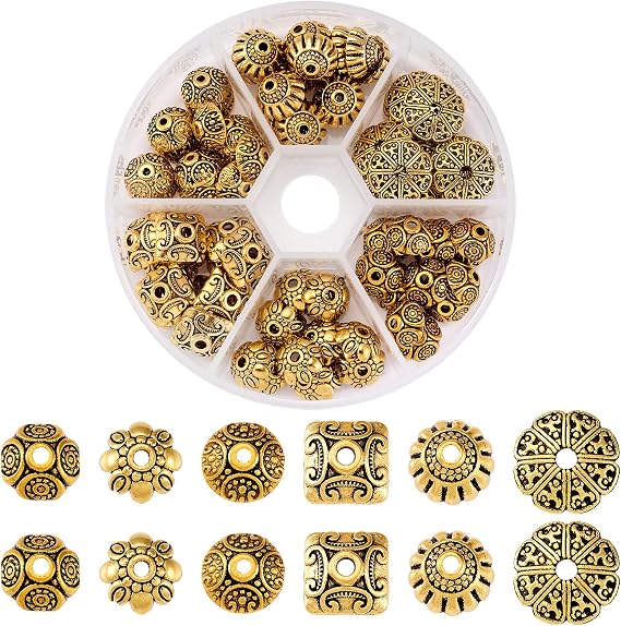 Elecrelive 120Pcs Antique Golden Flower Bead Caps Tibetan Style Spacer Beads Metal Square Bali Style Mixed End Caps for Necklace Bracelet Earring Jewelry Supplies