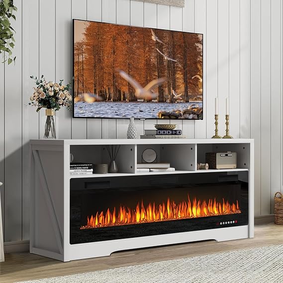 PUKAMI Fireplace TV Stand for TVs Up to 75" TV, 65 inch TV Stand with 60" Electric Fireplace, Entertainment Center with Open Shelve Storage for Living Room (White)