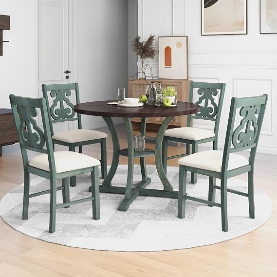 LUMISOL Round Kitchen Table and Chairs Set for Saving Space Retro Round Dining Table Set for 4, Antique Blue Dark Brown
