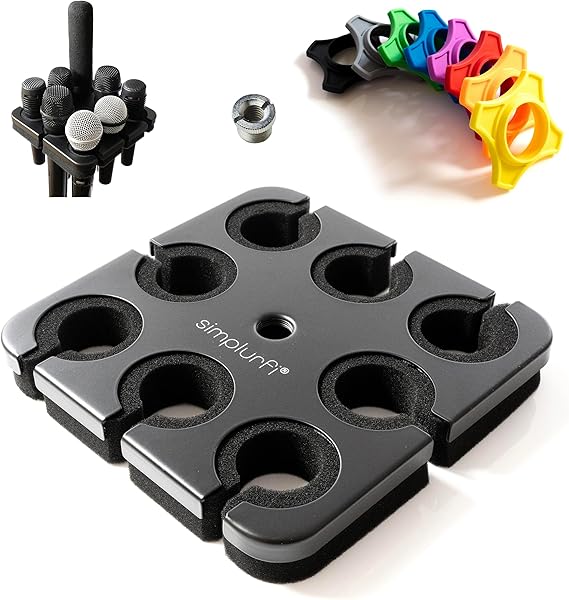 Multi Microphone Holder For Mic Stand - Square Tray Attachment holds up to 8 mics On Stage Organizer and Display - 8 Anti-roll Rings Included