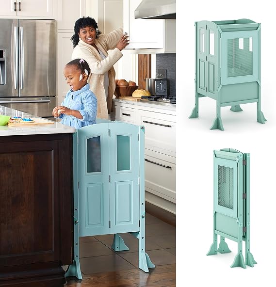 Martha Stewart Kitchen Helper Toddler Tower - Mint: Premium Kids Wood Foldable Kitchen Platform, Adjustable Height Safety Step Stool for Toddlers with Non-Slip Mat, Mostly Assembled