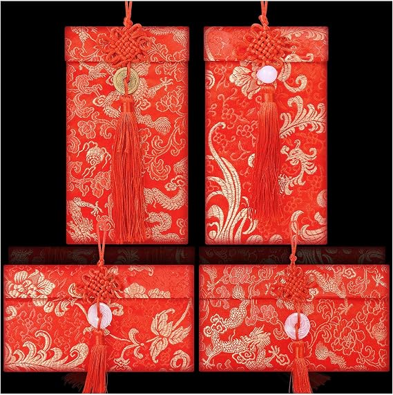 Silk Red Lucky Money Envelopes - 4 Pcs Chinese New Year Hongbao Card Gift Wrap for Spring Festival, Birthday, Wedding